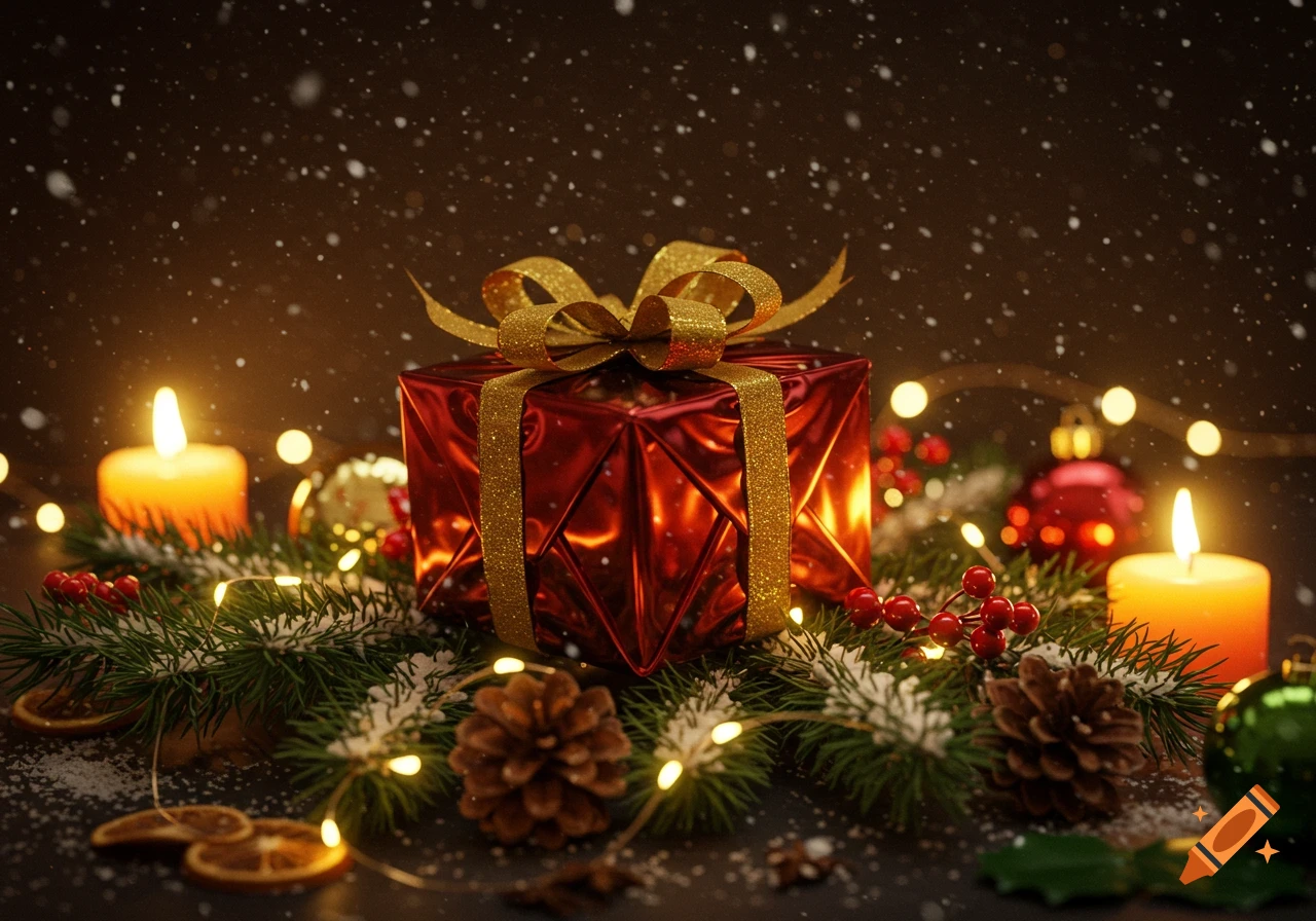 A shiny red Christmas gift with a gold ribbon, surrounded by lit candles, pine branches, red berries, pinecones, and string lights, with falling snow.