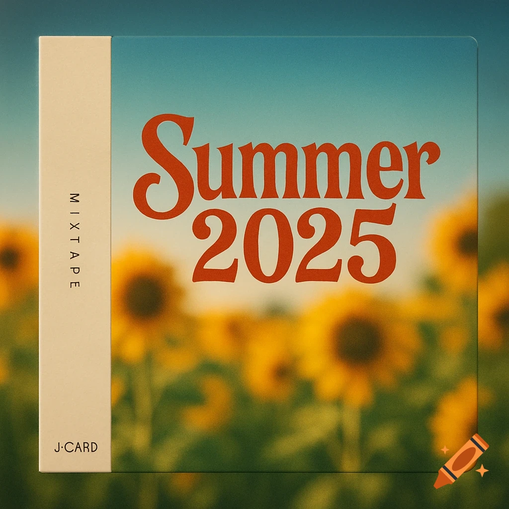 A retro-style album cover for "Summer 2025 Mixtape" featuring a blurred sunflower field background and text on a beige stripe.