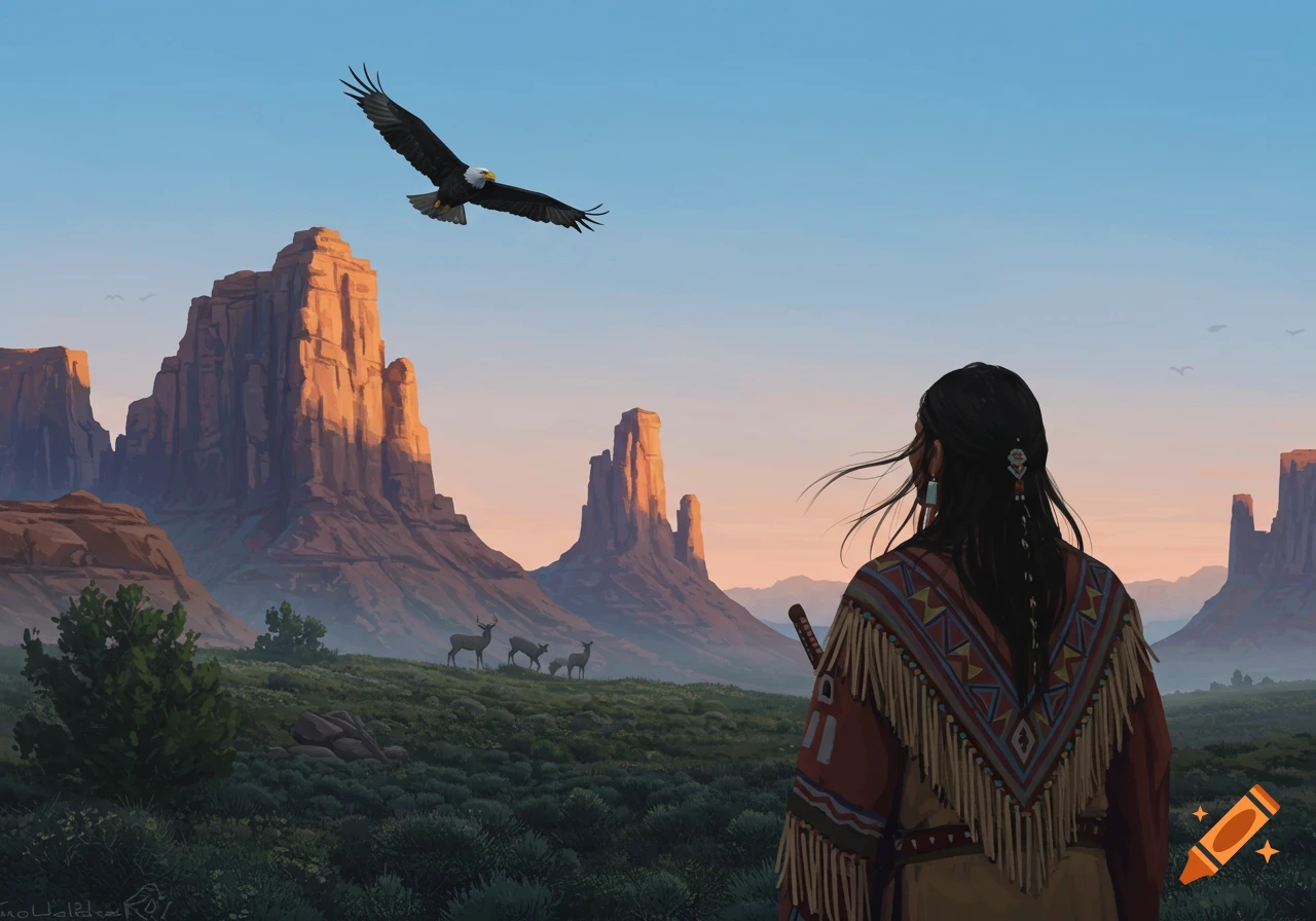 A person in traditional Navajo attire overlooks a desert landscape with towering mesas, an eagle soaring above, and deer grazing. Painted style.
