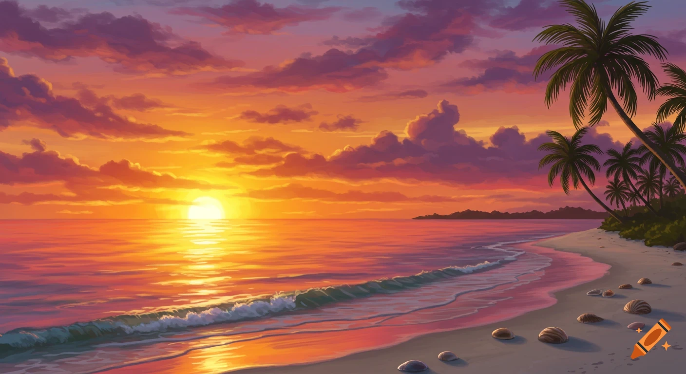 Vibrant tropical sunset over a beach with palm trees, orange and purple clouds, and waves washing ashore.