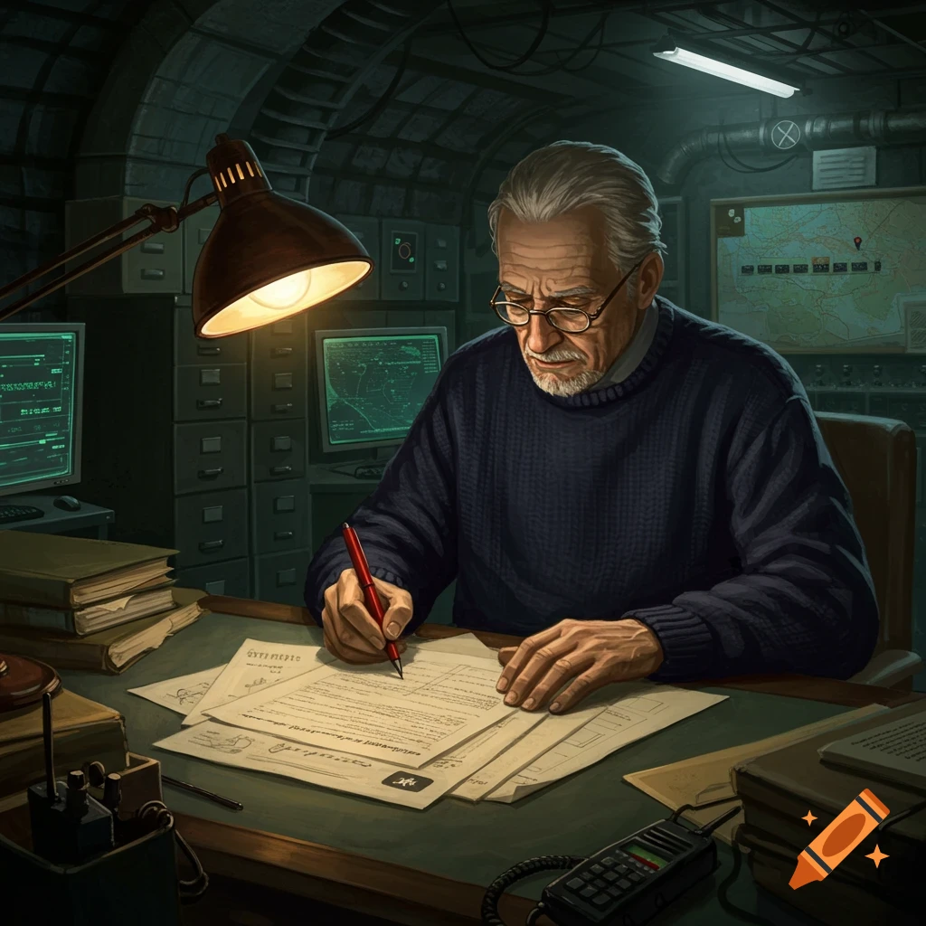 A serious old man in a sweater writes at a desk in a dimly lit bunker with computers and maps, an espionage scene.