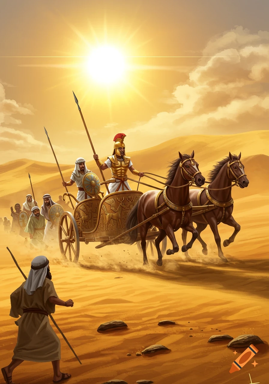 A golden chariot, led by a Roman-style soldier and two horses, chases people through a bright desert, in an illustrative style.