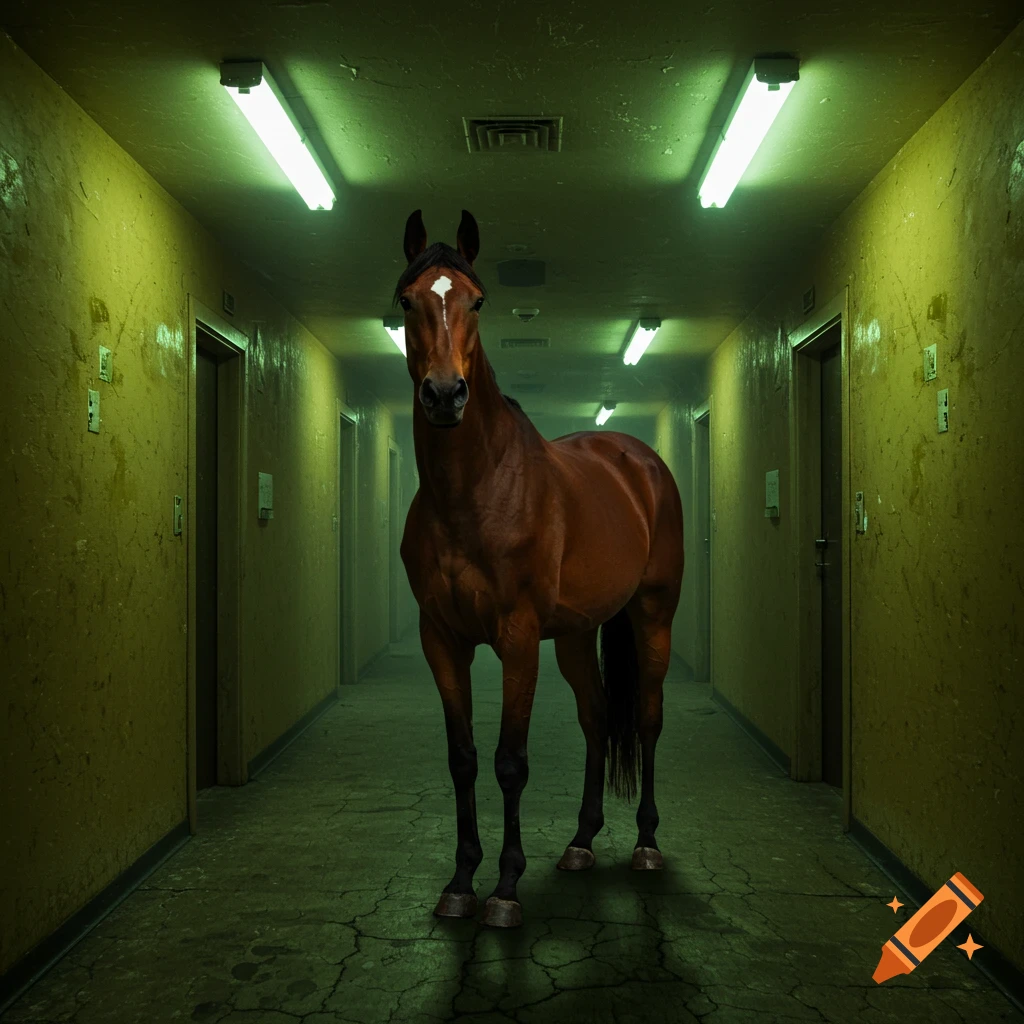 A brown horse stands in the middle of a long, dimly lit, yellow-green hallway with fluorescent lights, photorealistic.