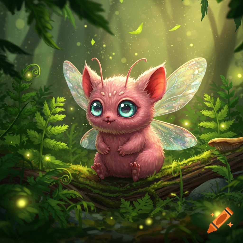A cute pink furry fairy-like creature with large blue eyes and translucent wings sits on a mossy log in a magical forest.