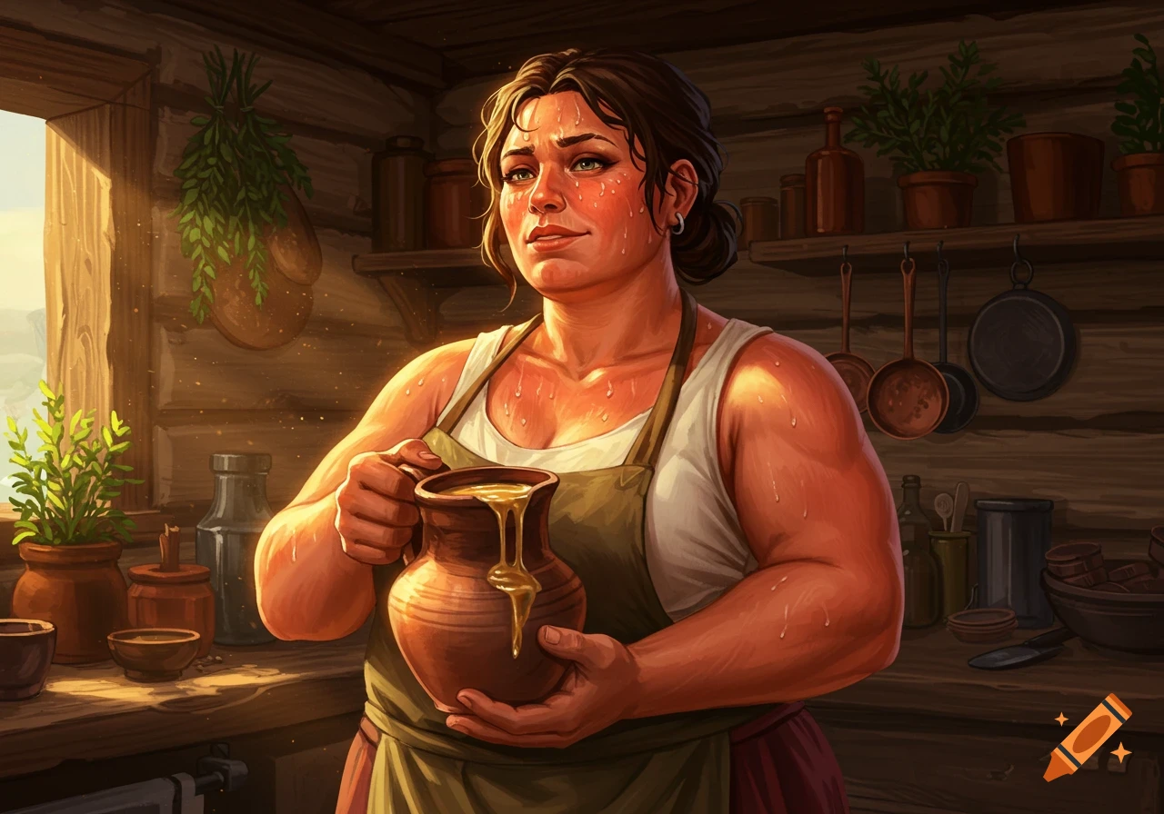 A strong, sweaty woman in an apron holds a jug dripping with golden liquid in a rustic, sunlit kitchen. Stylized art.