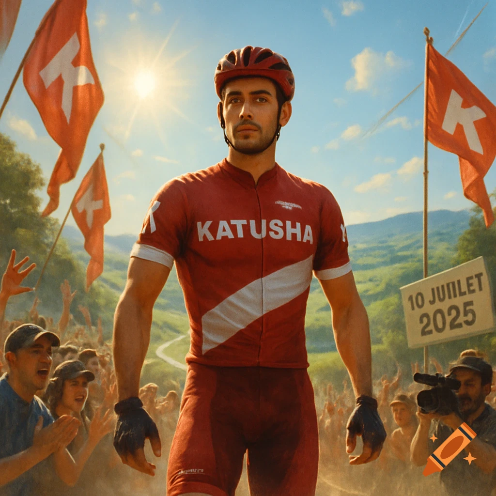 A photorealistic image of a male cyclist in a red Katusha jersey, helmet, and gloves, standing before a cheering crowd and flags, under a bright sun.