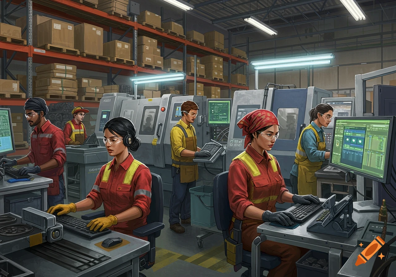 Diverse workers operate computers and machinery in a busy manufacturing warehouse filled with boxes and equipment.