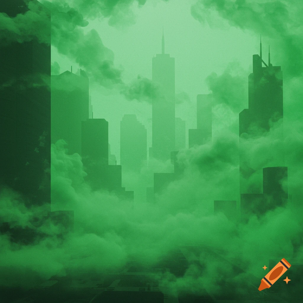 A stylized city skyline, with tall buildings partially obscured by thick, swirling green smog and haze.