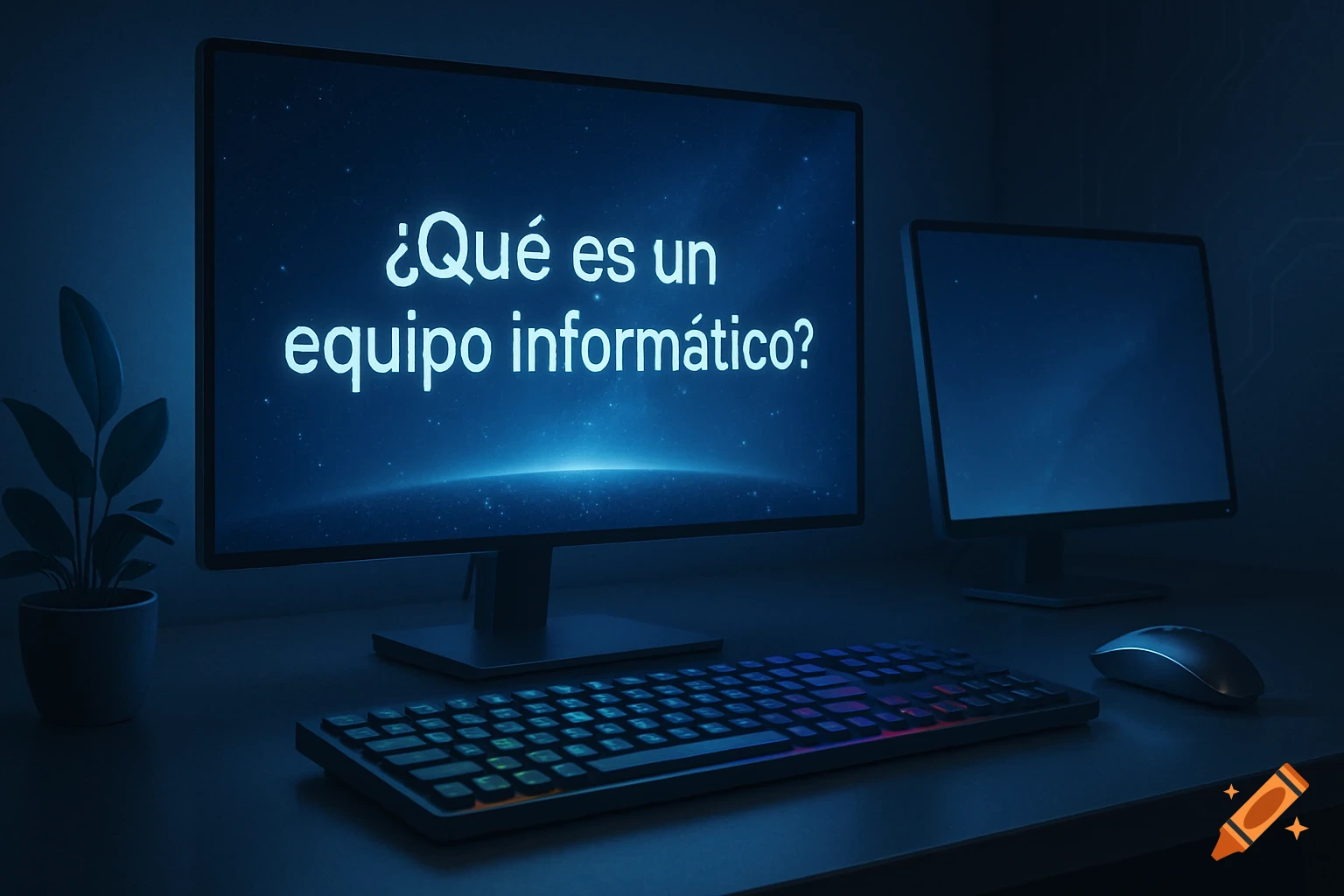 A dark desk with a glowing computer monitor displaying "¿Qué es un equipo informático?" (What is a computer system?), a keyboard, mouse, and a potted plant.