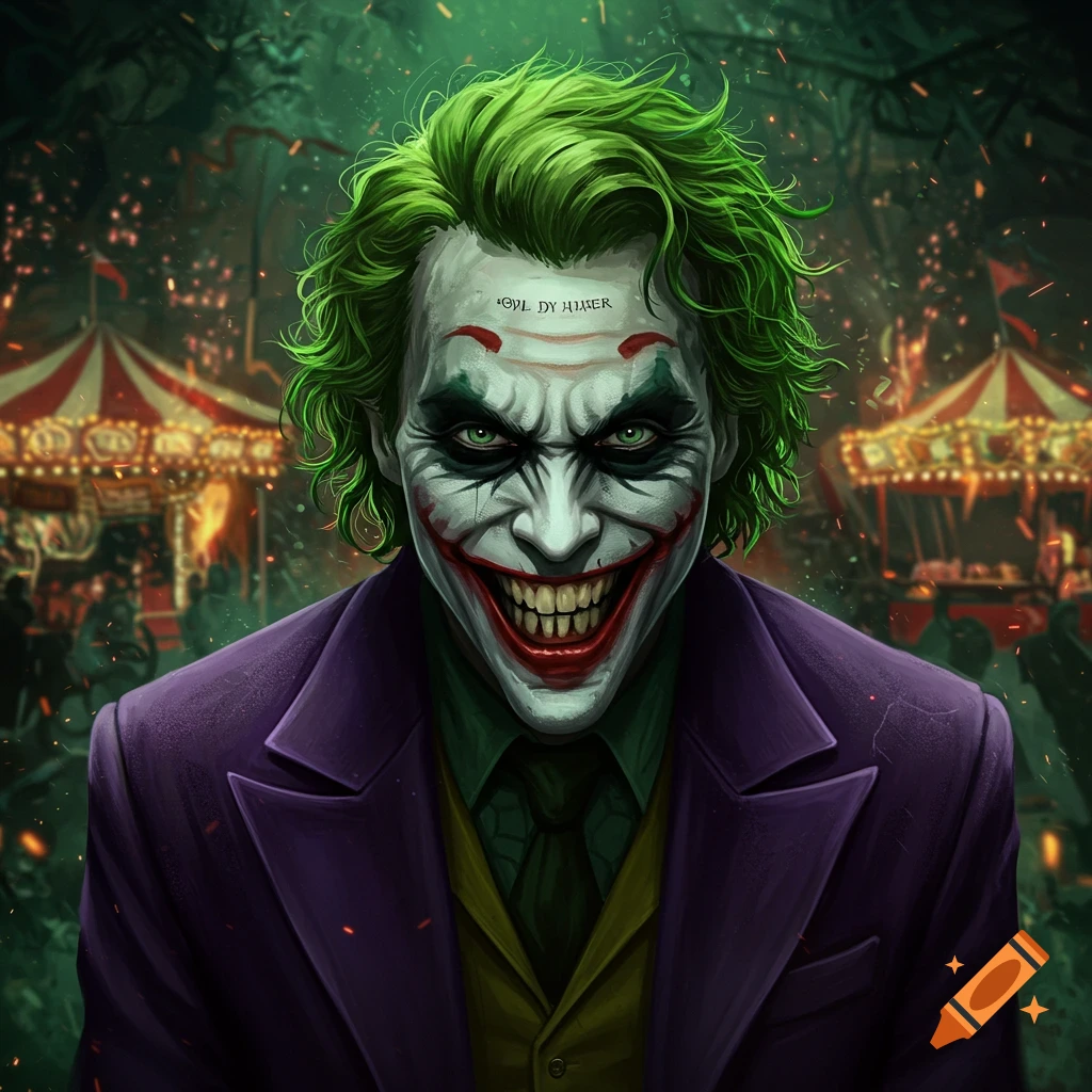 Stylized illustration of the Joker with green hair and menacing grin, in a purple suit, against a blurry carnival background.