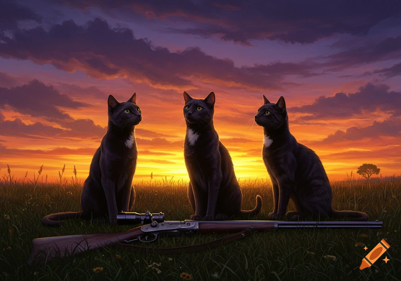 Three black cats with white chests sit in a grassy field with a rifle at sunset, beneath a vibrant orange and purple sky, digital art.