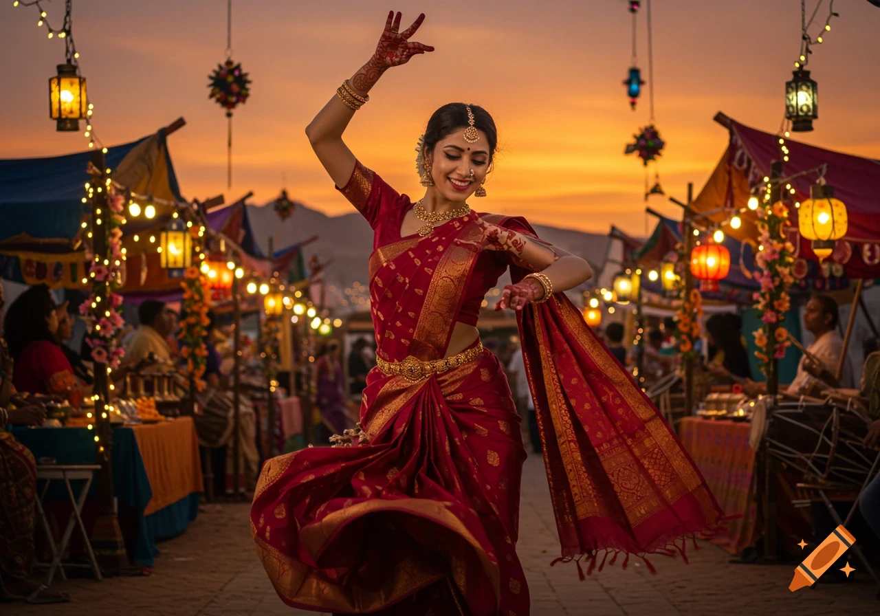 A smiling Indian woman in a red and gold saree dances with hands in a mudra at a vibrant outdoor festival with lanterns at sunset.