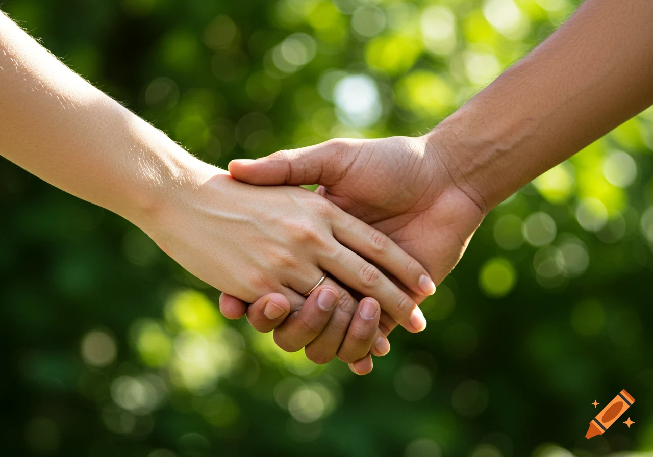 Two hands with different skin tones holding each other, one wearing a ring, against a blurry green background.