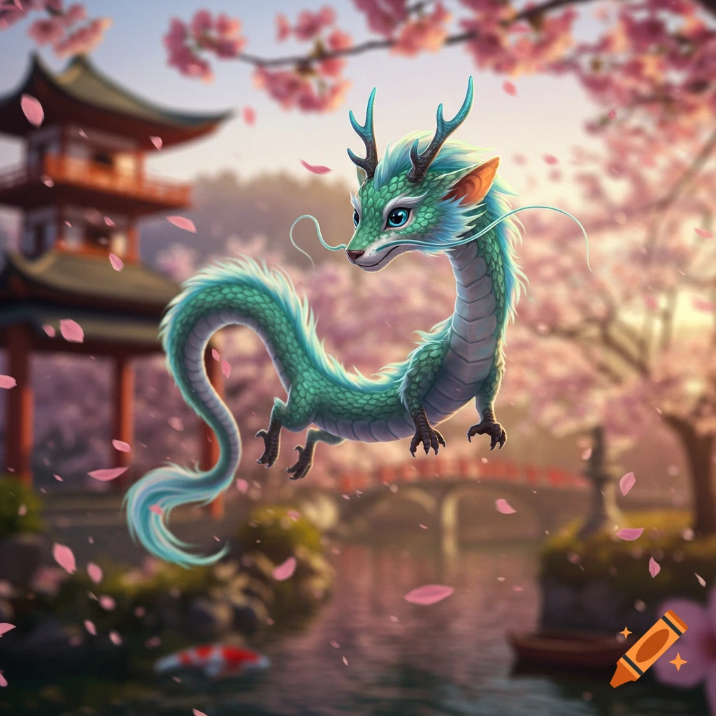 A cute, turquoise Japanese dragon with antlers floats above a pond with falling cherry blossoms, a pagoda and bridge in the background.