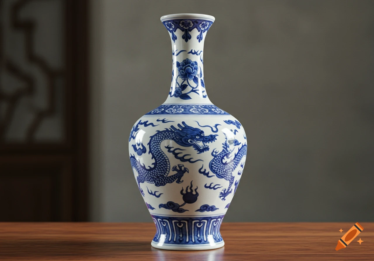 A white and blue Chinese porcelain vase with a dragon and floral patterns, sitting on a wooden table.