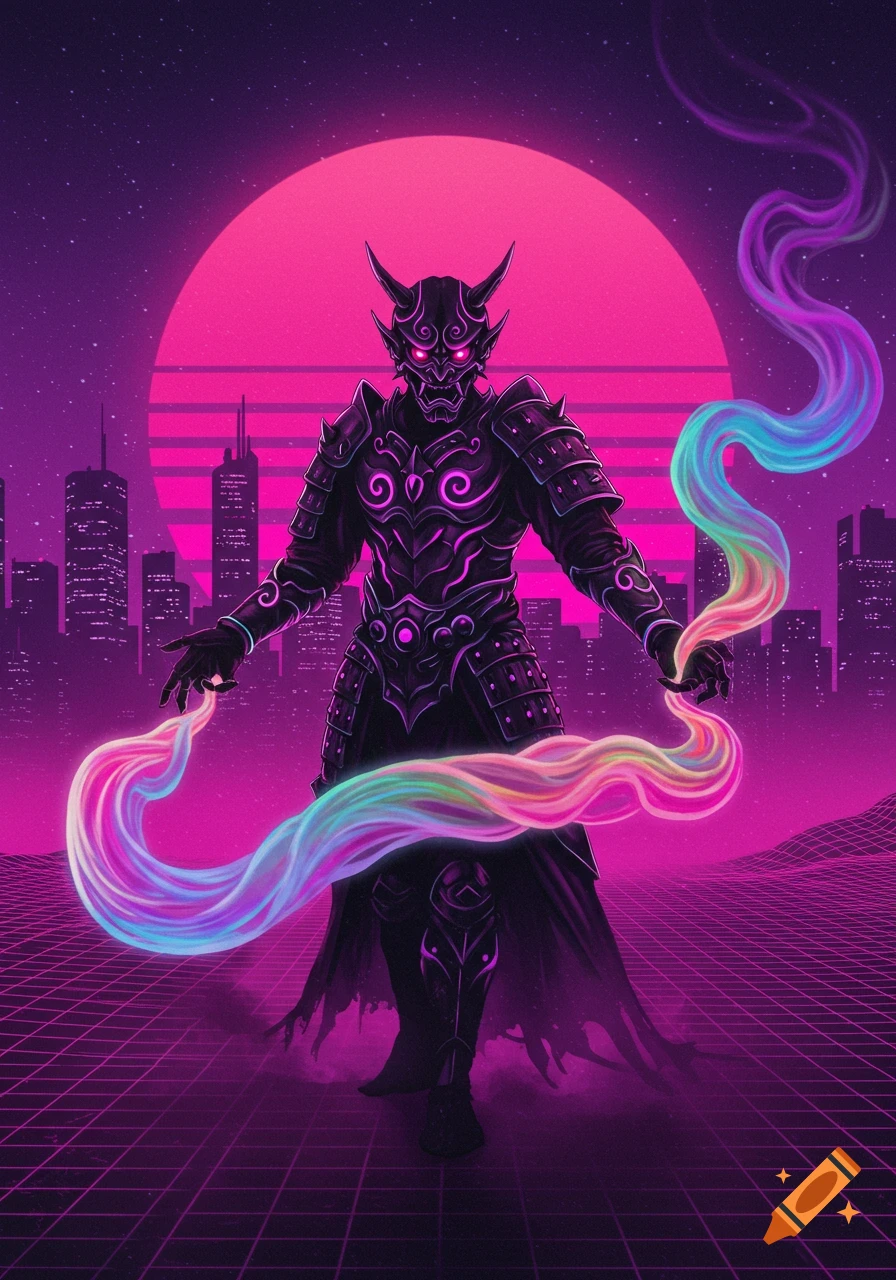 A horned Oni in armor manipulates colorful smoke against a vibrant neon retrowave cityscape with a pink sun.