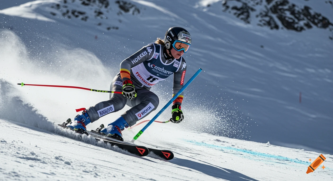 A female skier in a grey and orange race suit, helmet, and goggles speeds down a snowy mountain slope, kicking up snow.