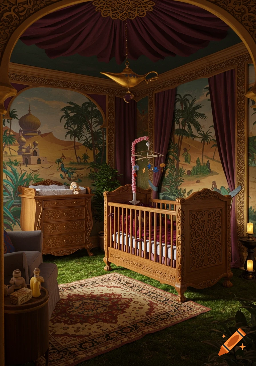 A fantasy Arabian Nights-themed baby room with a wooden crib, changing table, desert mural walls, and a golden magic lamp.