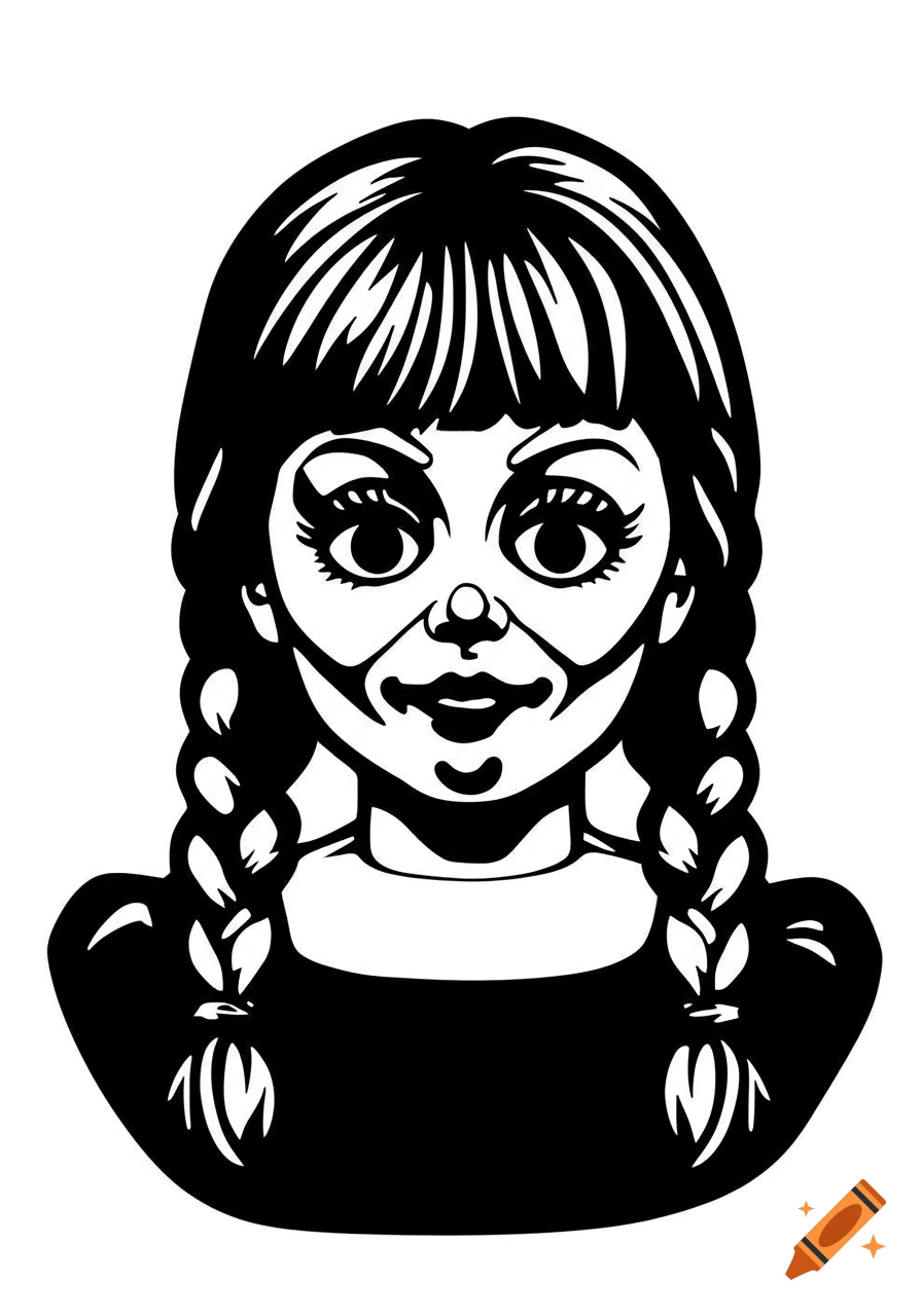 A black and white stencil illustration of Annabelle the haunted doll's head with braids and a creepy expression.