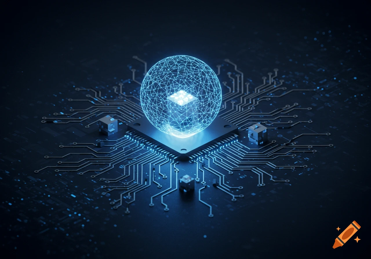 A glowing blue wireframe sphere sits atop a dark circuit board with radiating blue traces and small metallic cubes, symbolizing AI and data connection.
