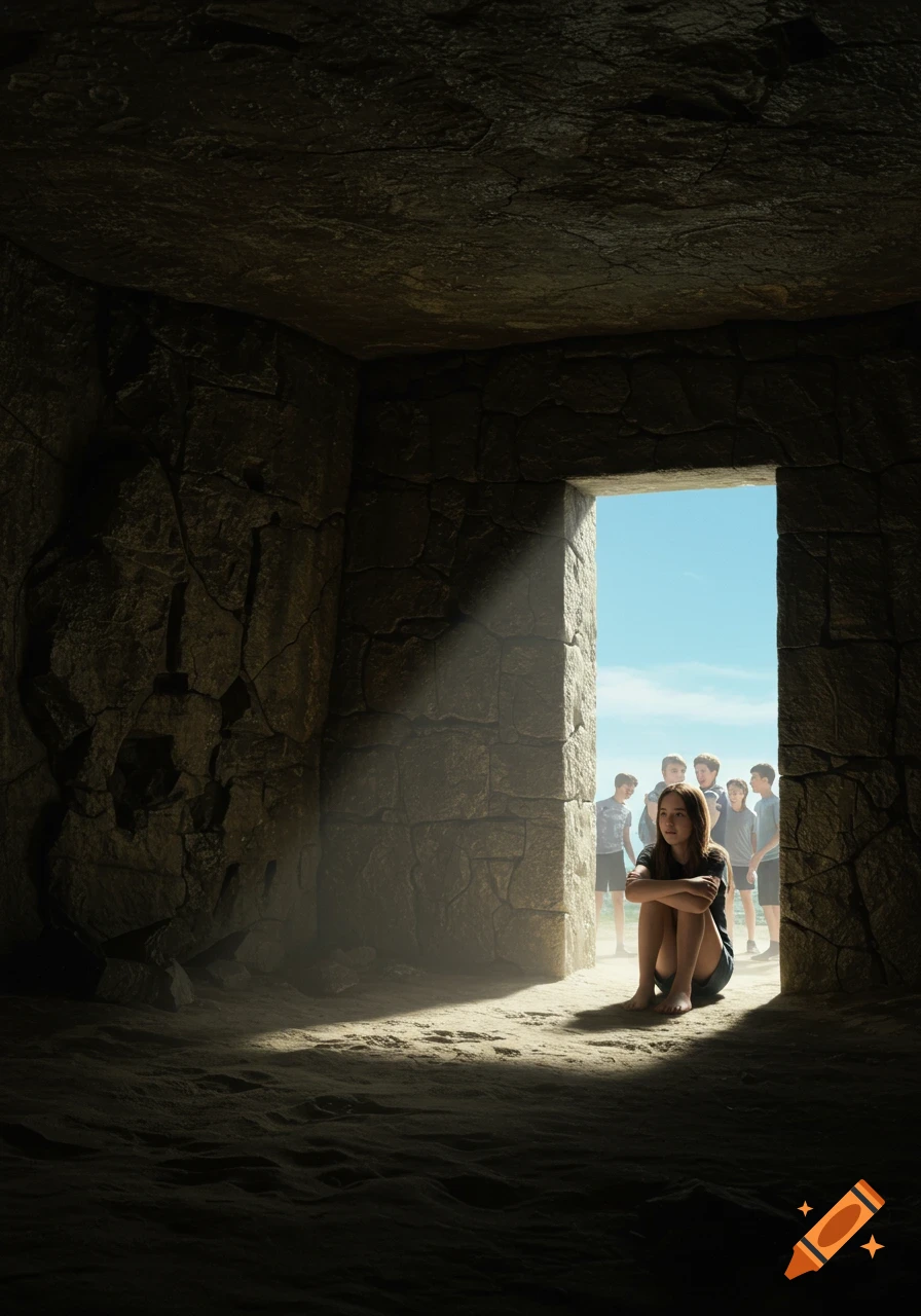 A young girl sits alone in a dark cave, looking out through a bright doorway at laughing teenagers enjoying a sunny day.