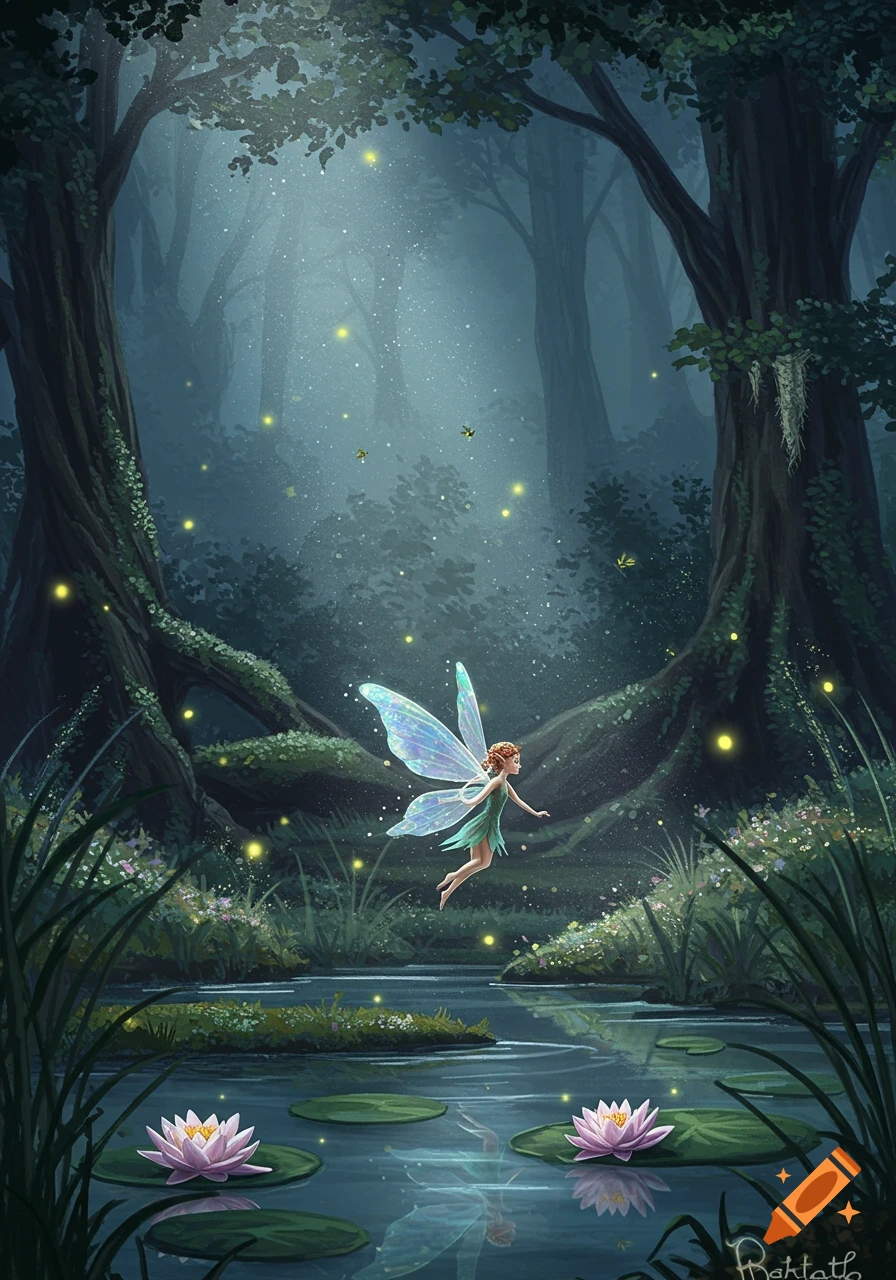 A luminous fairy with iridescent wings floats over a pond with lily pads and pink flowers in a mystical, firefly-lit forest.