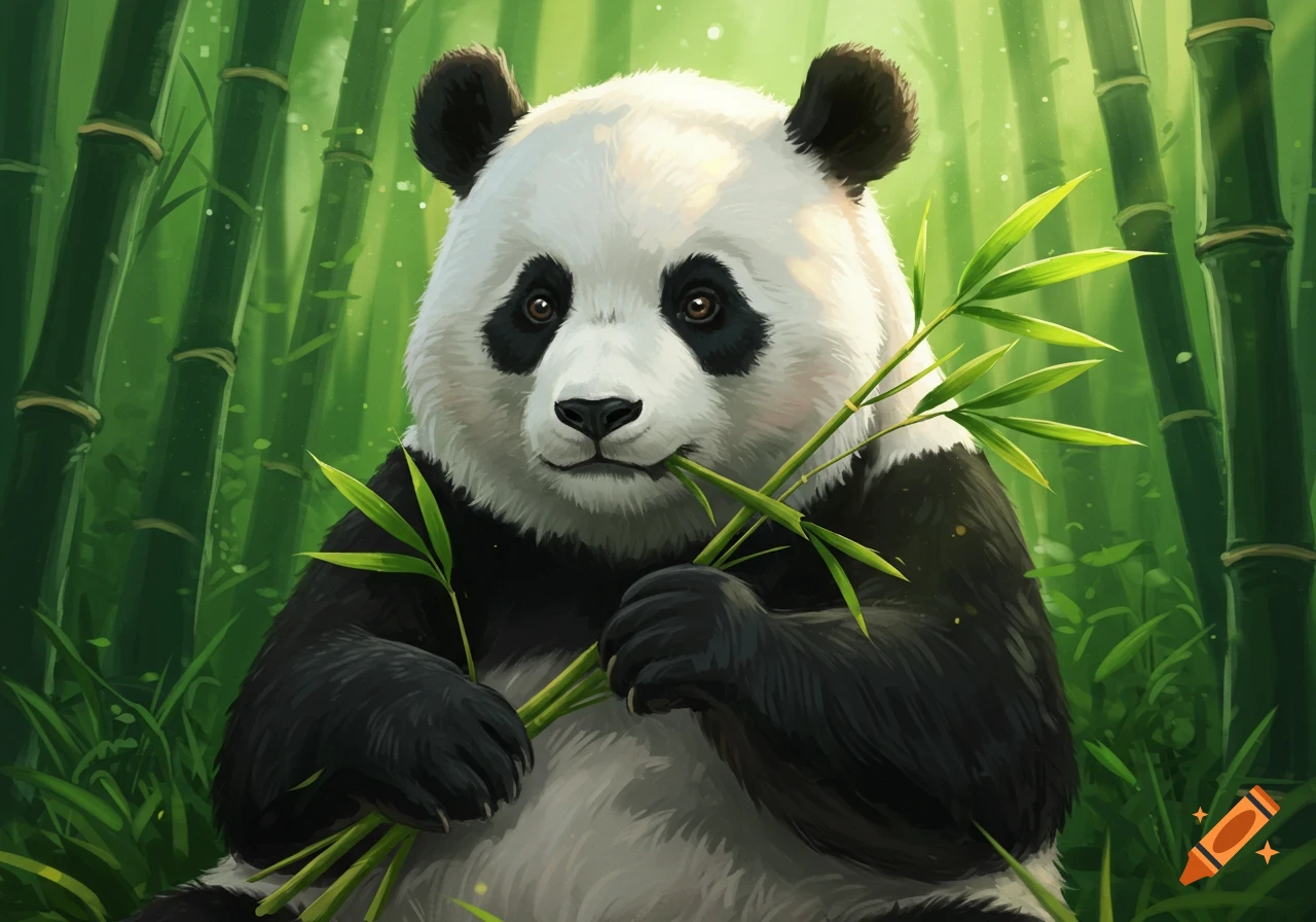 A cute panda sits in a vibrant green bamboo forest, holding and eating bamboo stalks, in a digital painting style.