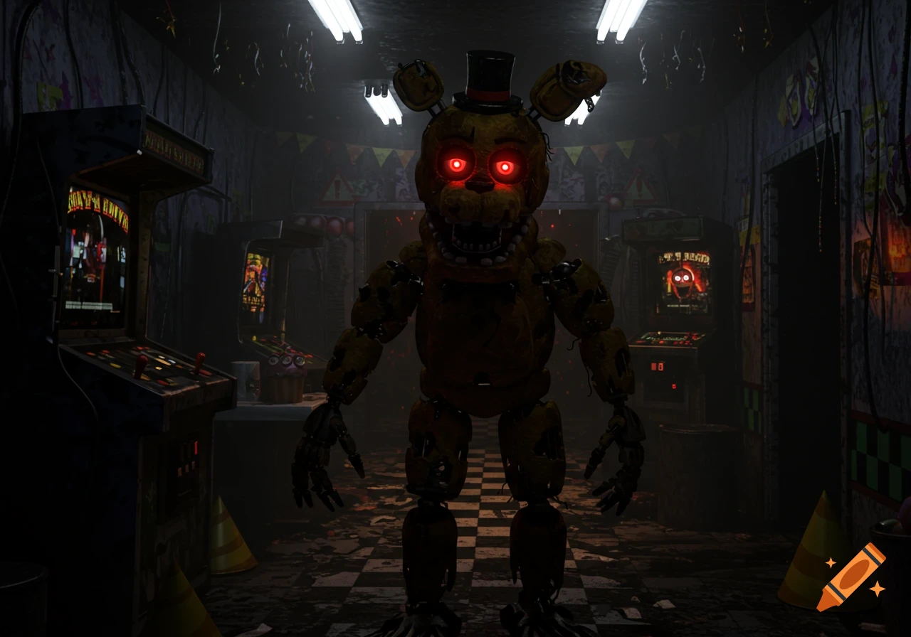A terrifying golden animatronic with glowing red eyes stands in a dark, dilapidated arcade filled with old machines.