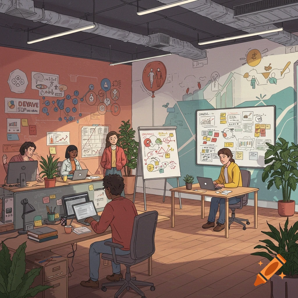 An illustration of an open-plan office with diverse employees working at desks, a woman standing by a whiteboard, and plants.