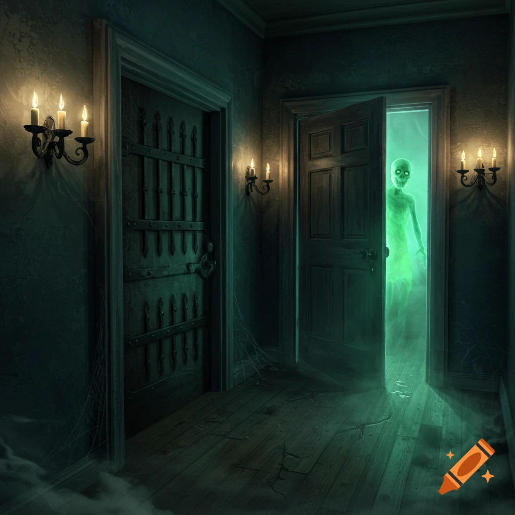 A glowing green ghost emerges from an open door in a dark, dusty hallway of a haunted house, illuminated by candlelit sconces.