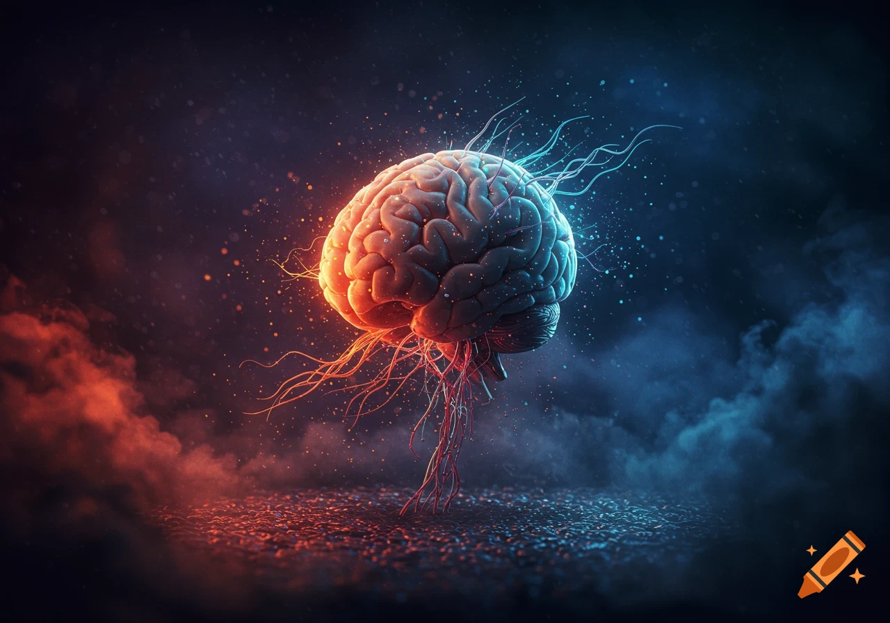 A glowing, stylized brain with red and blue energy, surrounded by wisps of smoke and neural connections in a dark, conceptual space.