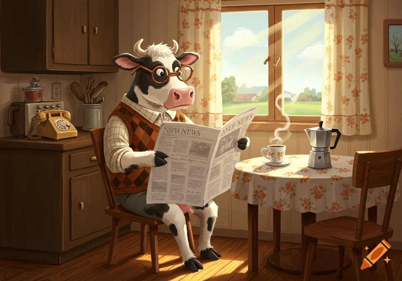 A cartoon cow in glasses and a sweater vest reads a newspaper at a kitchen table with coffee.