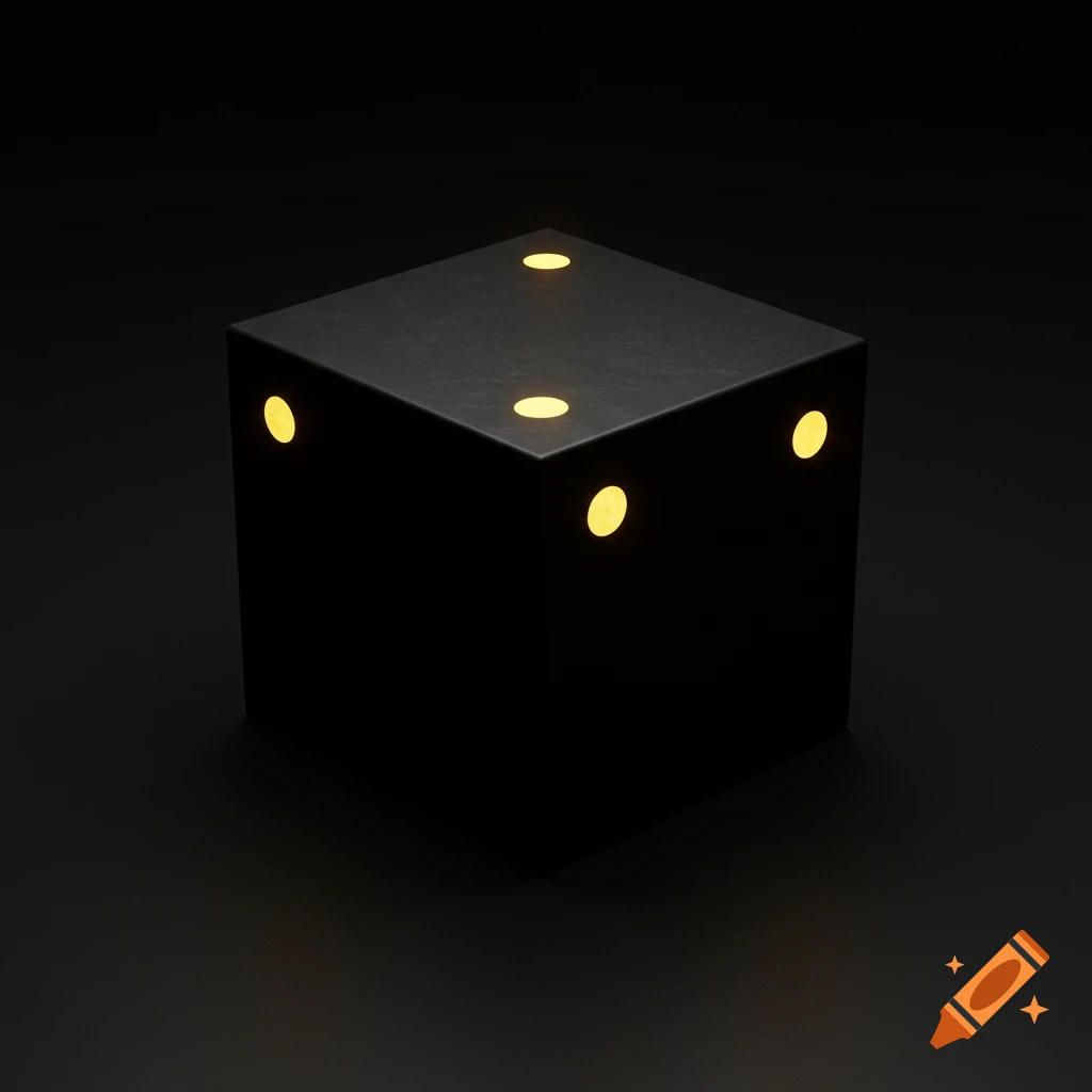 A dark, textured black cube with two glowing golden dots on top, two on the right face, and one on the left, against a black background.