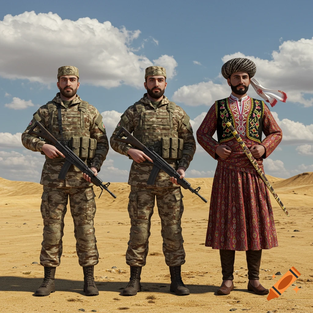 Three men in a desert, two in military camouflage with rifles, one in ornate traditional clothing with a turban and staff.