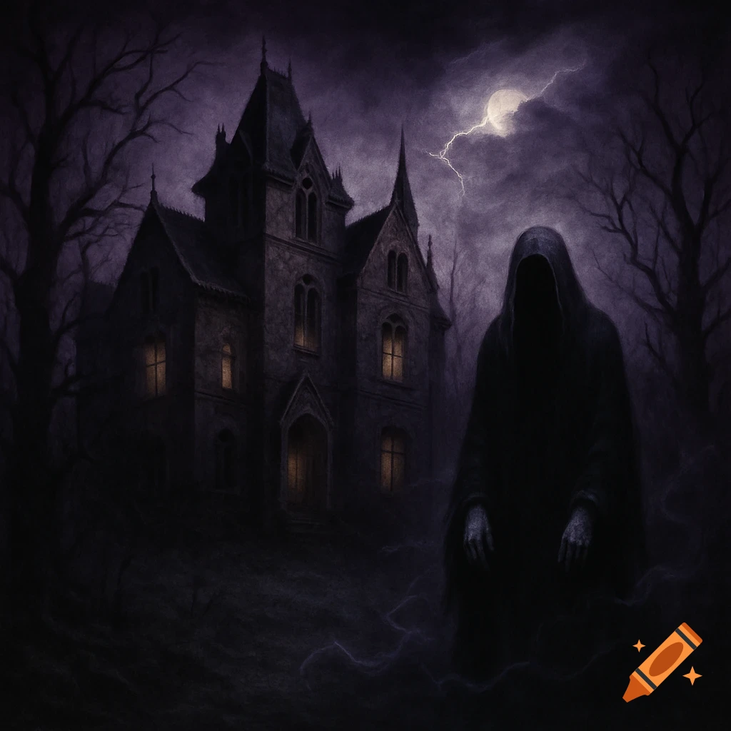 Dark, ominous haunted house and a hooded ghost with skeletal hands under a stormy, moonlit sky with lightning, horror art.