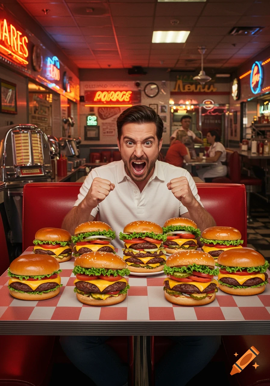 A man yells excitedly with fists clenched in a red diner booth, with a table full of eight burgers in front of him, photorealistic.