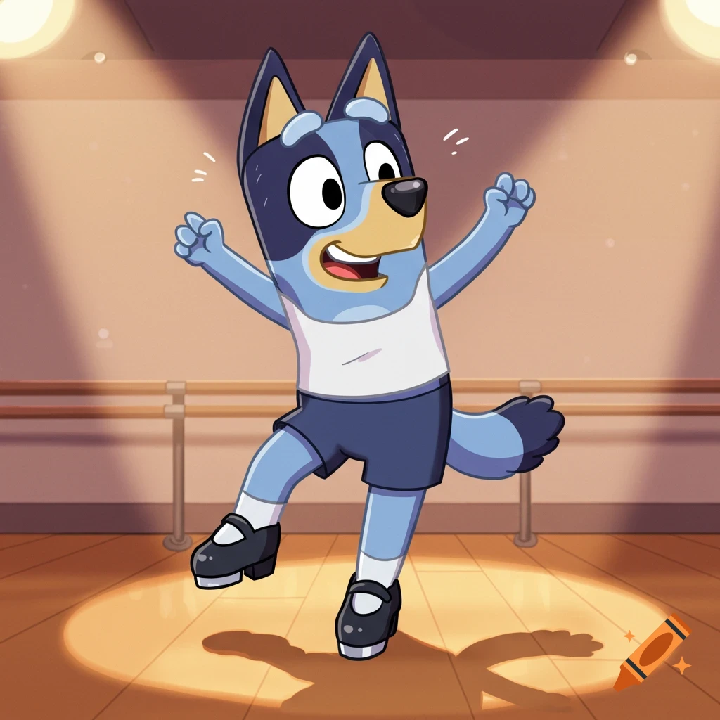 Bluey, a blue cartoon dog, tap dancing joyfully in a dance studio spotlight, wearing a white tank top, blue shorts, and black tap shoes.