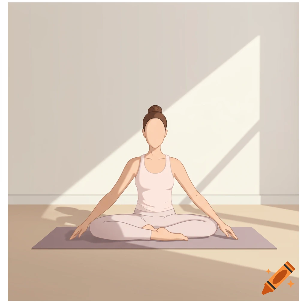 A gender-neutral person in a light-colored outfit meditates in a butterfly yoga pose on a mat with sunbeams on the wall, vector art.