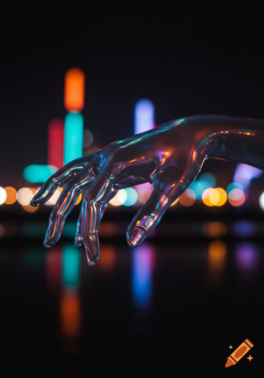 A photorealistic transparent, iridescent hand reaches out against a blurred bokeh background of colorful city lights at night.