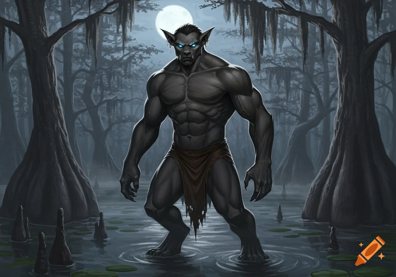 A muscular, grey-skinned, wolf-headed Rougarou stands in a misty swamp at night under a full moon, digital illustration.