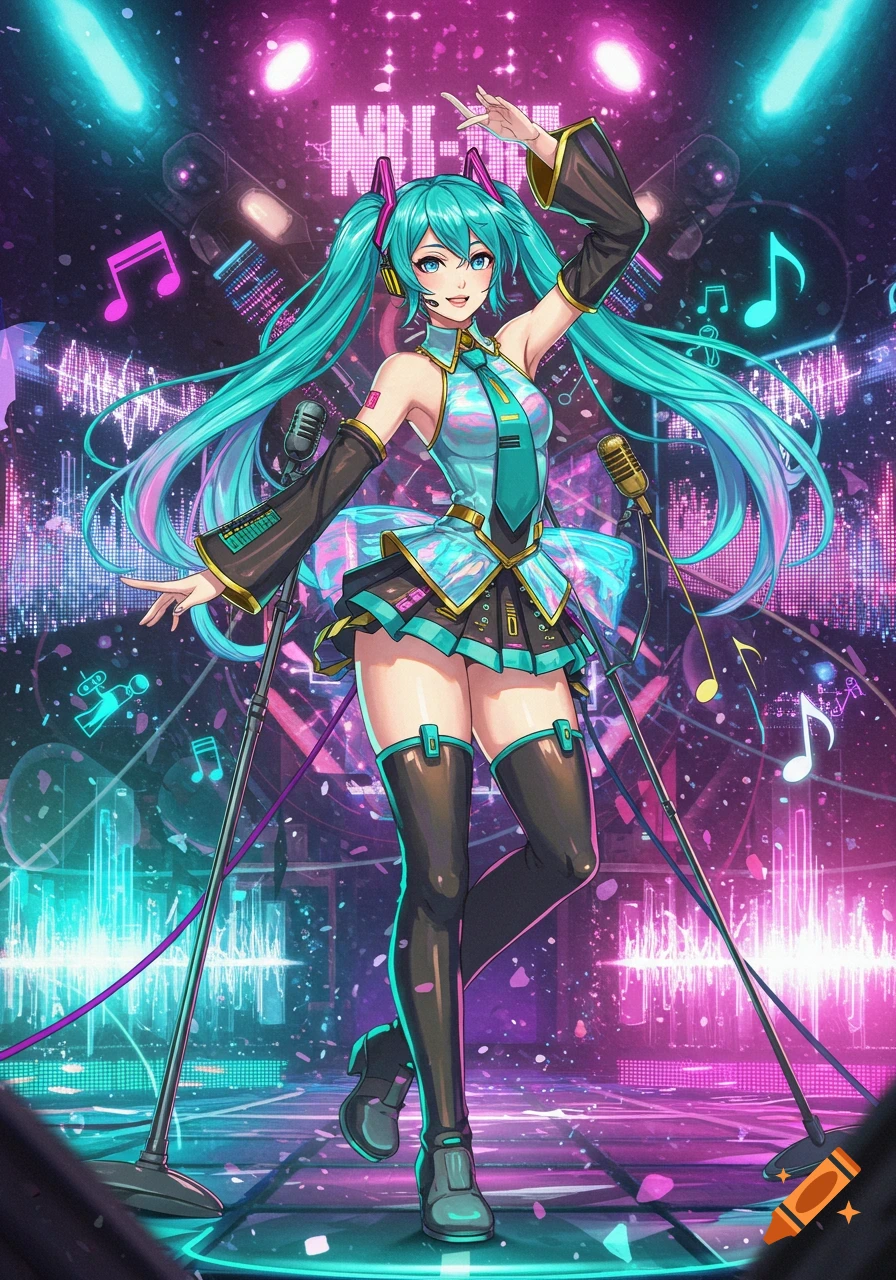 Vibrant anime illustration of Hatsune Miku in a futuristic costume, singing on a stage with neon lights and musical equalizers.