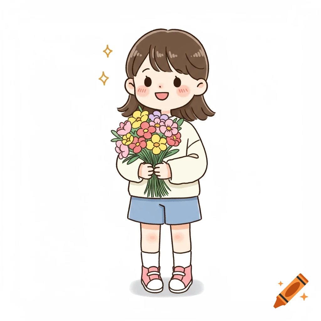 A cute child in light manga style holds a colorful bouquet and smiles against a white background.