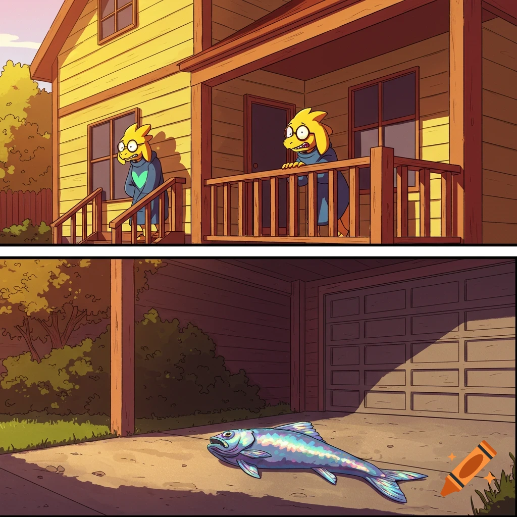 A two-panel cartoon features Alphys from Deltarune on a porch looking horrified, while a large fish lies on the driveway below.