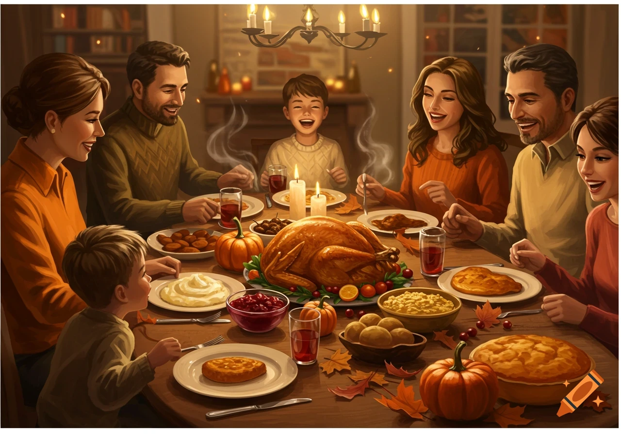A happy family enjoys a festive Thanksgiving dinner with a roasted turkey and other dishes around a warm, candlelit table.