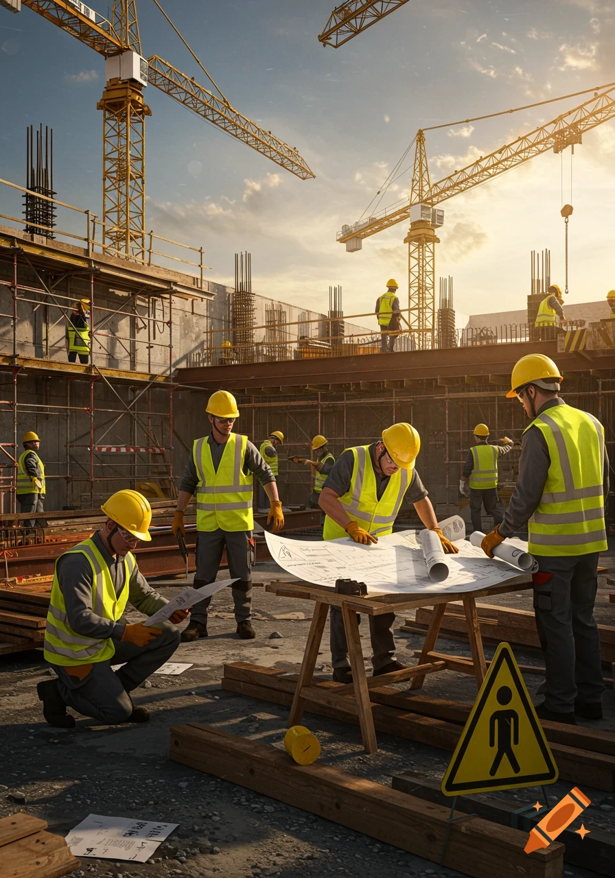 Photorealistic image of construction workers in hard hats and vests examining blueprints at a busy site with cranes.
