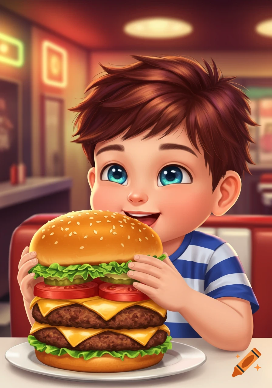 Smiling cartoon boy holding a giant double cheeseburger in a diner.