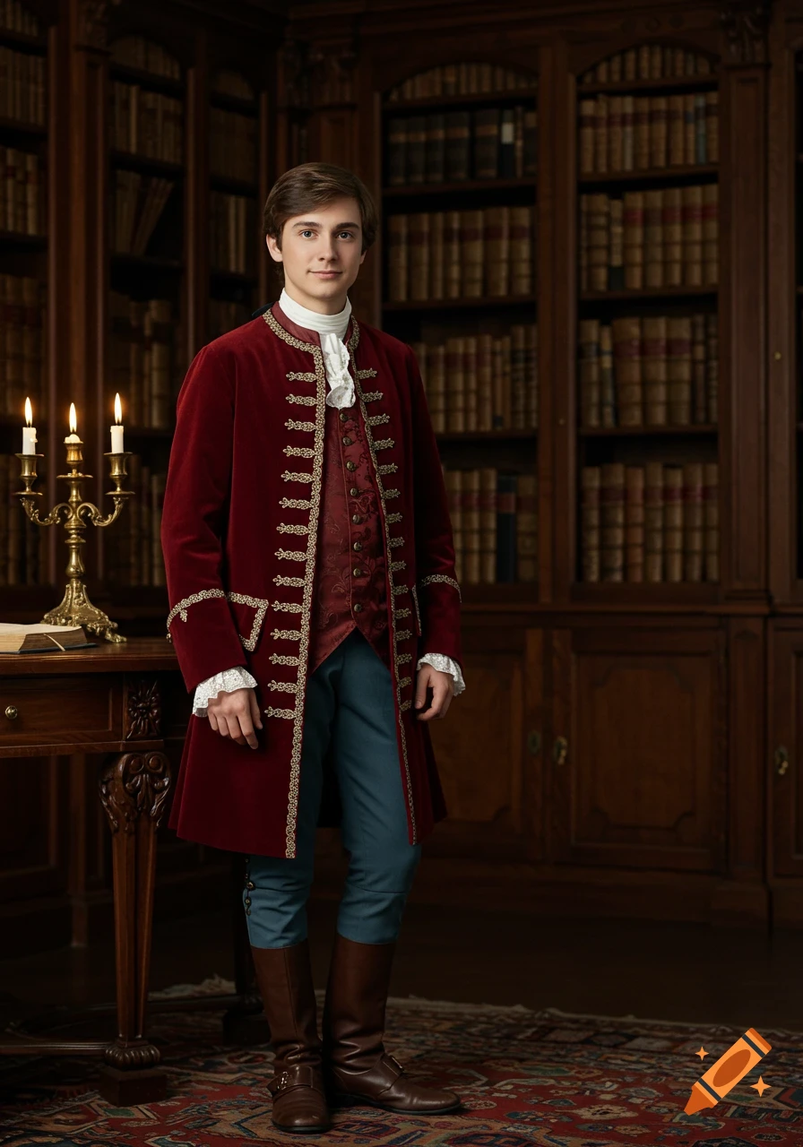 A young man in 18th-century royal attire, including a red velvet coat and blue trousers, stands in a grand library.