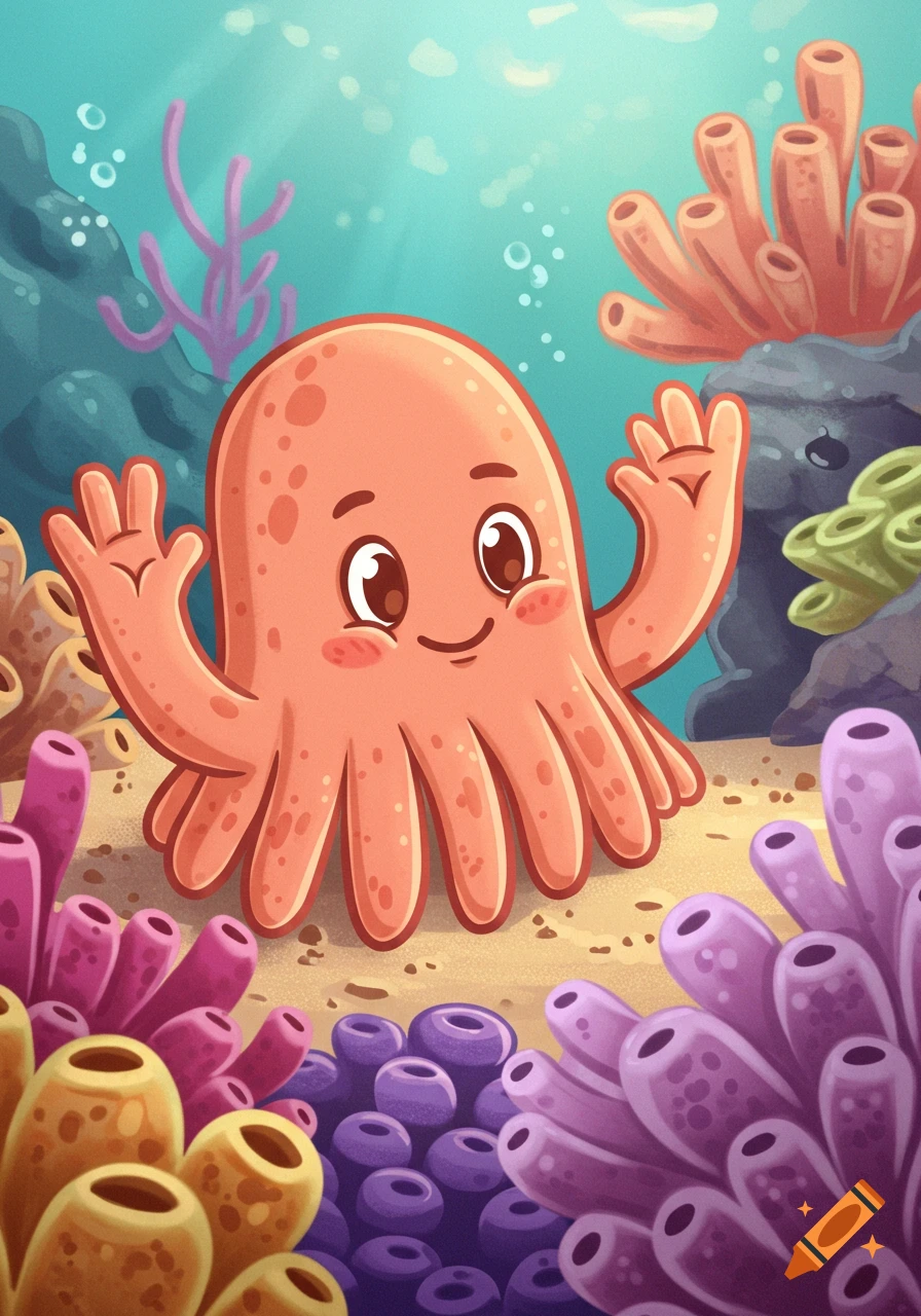 A cute, smiling orange cartoon octopus waves underwater amidst vibrant coral and a sandy seabed.