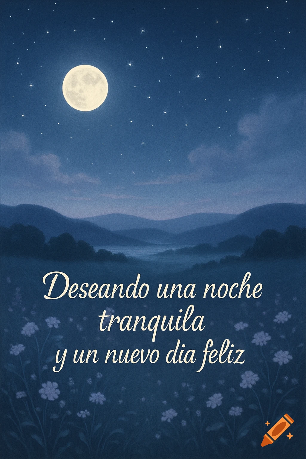 Serene night landscape with a full moon, stars, mountains, and a field of flowers, with Spanish text.