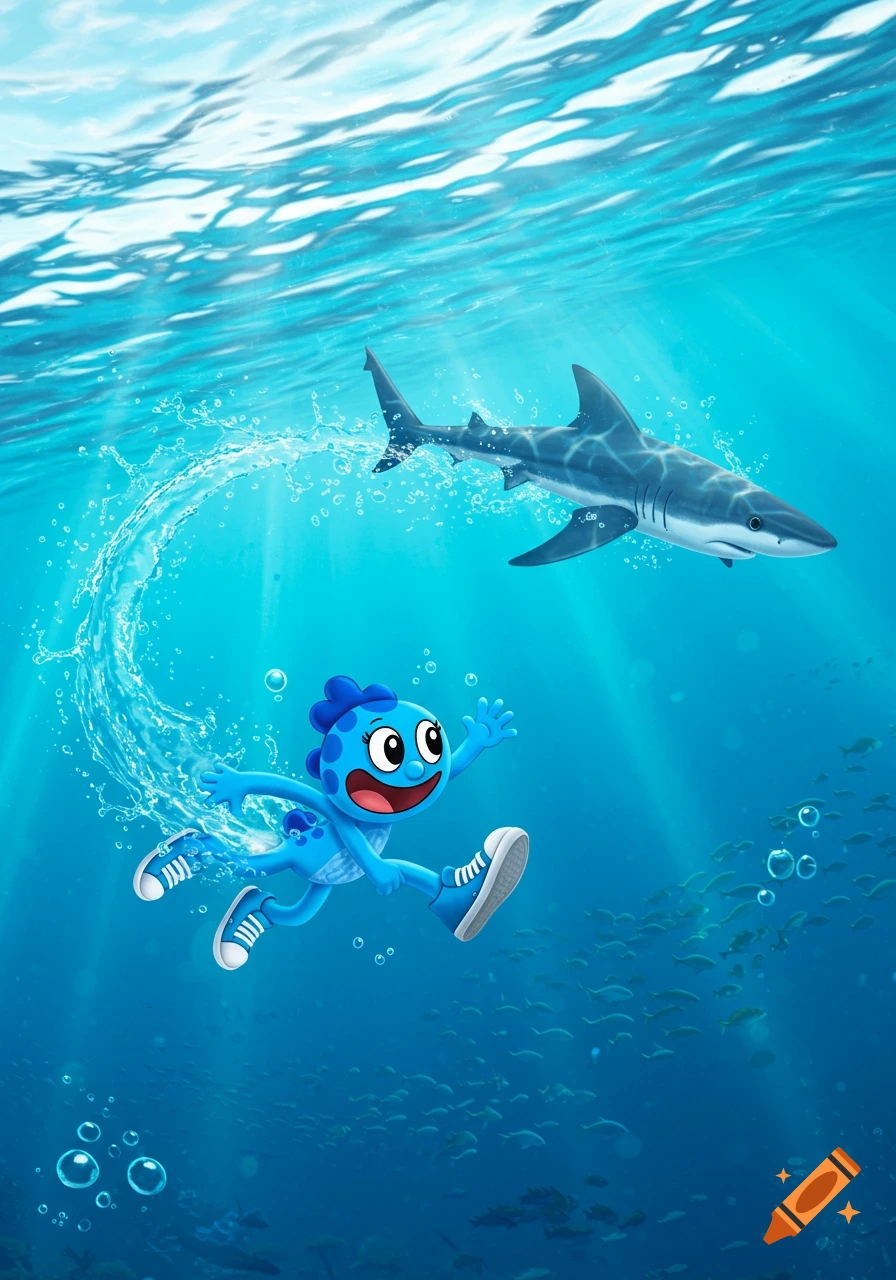 Cartoon character Blue from Rainbow Friends swims underwater, chasing a shark while wearing blue shoes, with light rays filtering from above.